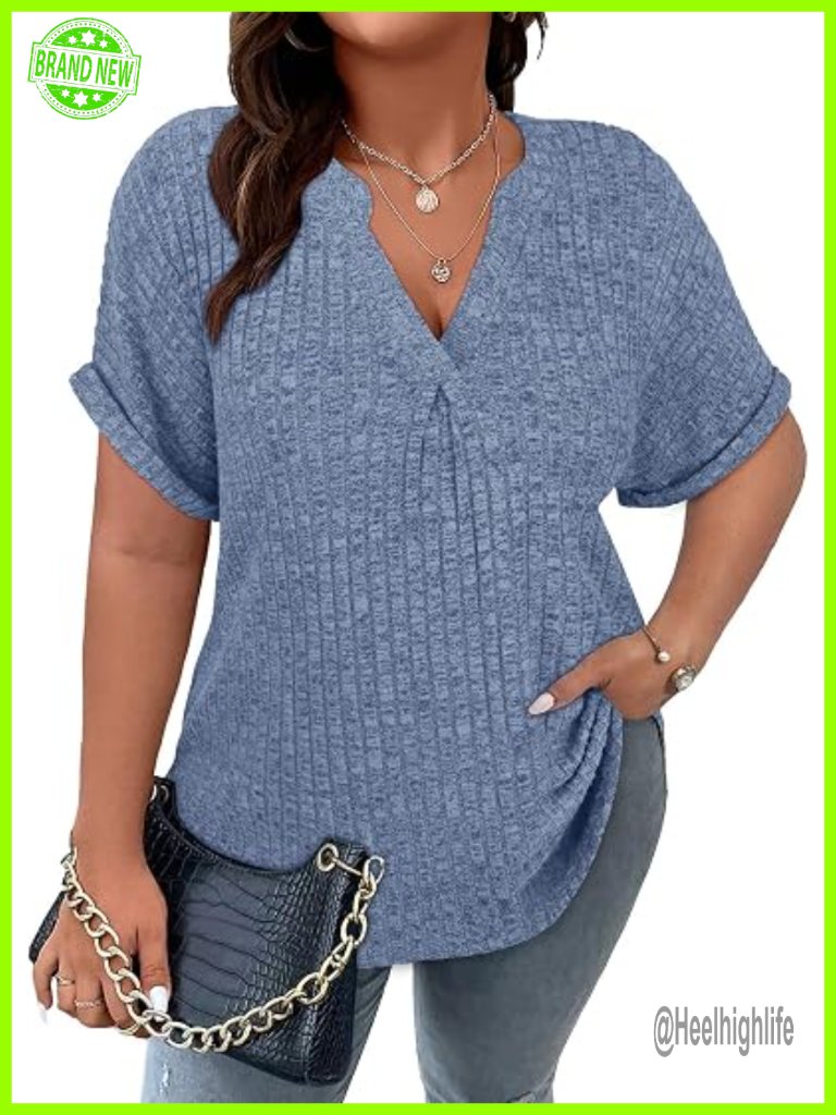 Plus Size V Neck Short Sleeve Tunic Blouse Summer Casual Top